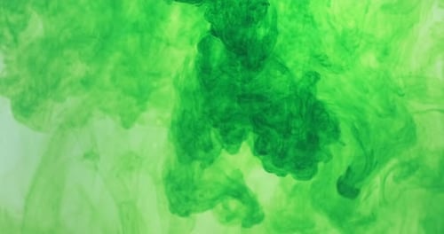 Green Color Paint Ink Drops in Water at White Background. Inky Cloud Flowing Underwater. Abstract