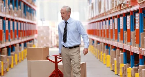 Male warehouse manager using pallet truck