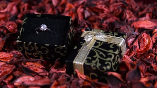 Diamond Ring in Box on Red Potpourri