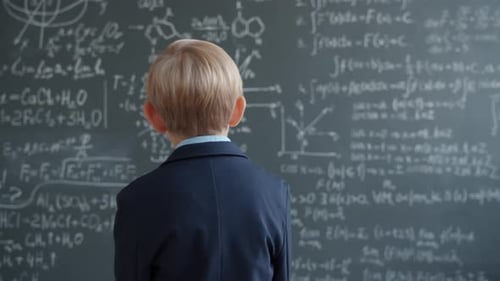 Back View of Little Boy in Suit Walking To Chalkboard Wall with Formulas Thinking
