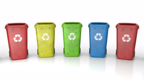 Multi-colored Plastic Waste Bins Stacked in Circle Around Camera