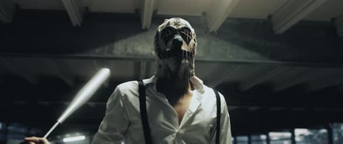 Masked Man with Baseball Bat in Parking Structure