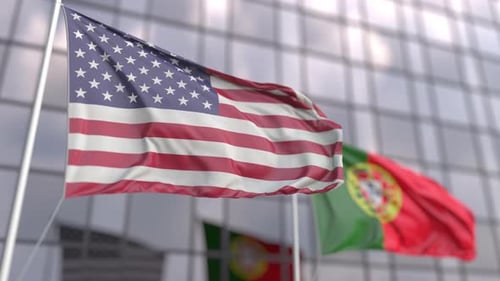 Waving Flags of the United States and Portugal