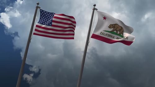 US Flag and California Republic Flag Waving in Realistic Animation