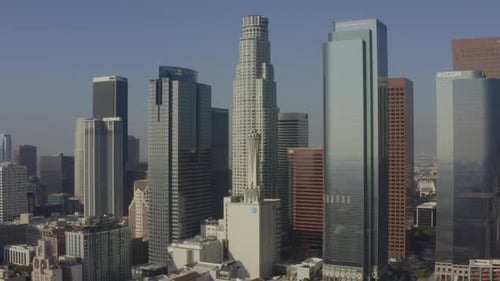 AERIAL: In Downtown Los Angeles Skyline Towards US Bank Tower in Beautiful Daylight,
