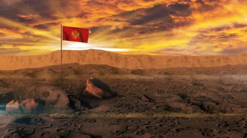 Waving Montenegro Flag on Martian Landscape with Dramatic Sky