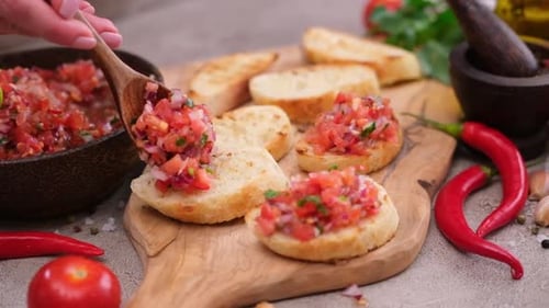Tomato Bruschetta Topped on Bread Close Up