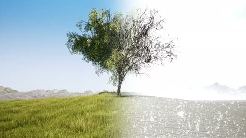 Environmental Contrast: Split Tree from Lush Green to Barren Landscape