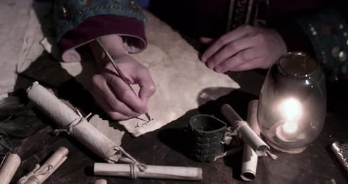 Person Writing with Quill Pen by Candlelight
