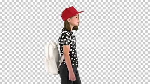 Schoolgirl with backpack and a cap walking, Alpha Channel