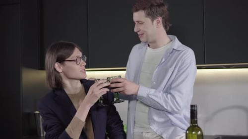 Portrait d'un couple gay souriant qui tinte des verres de vin et parle. Jeune homme caucasien positif
