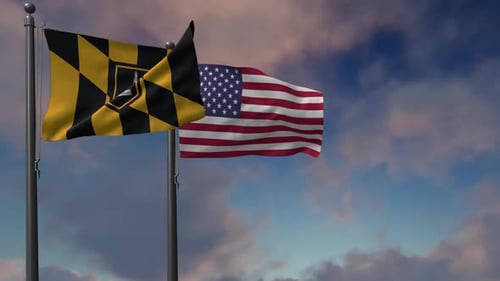 Realistic USA and Baltimore Flags Waving with Cloudy Sky