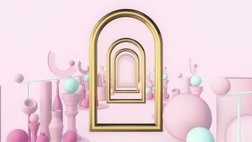Dreamlike Journey Through Golden Arches with Pastel Geometric Shapes