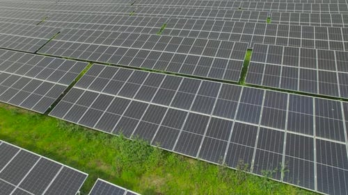 Close Up Aerial view of Solar Panels Farm