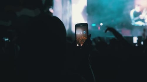 Excited Crowd Enjoying Concert with Vibrant Stage Lights