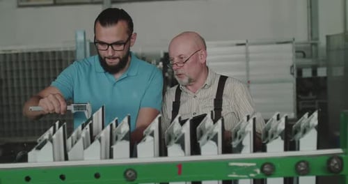 Manager with Engineer Consult While Examine Plastic Window Frames with Calipers