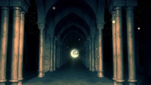 Spiritual Islamic Archway with Glowing Crescent Moon and Star