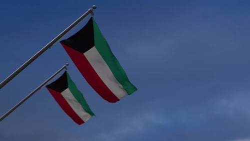 Kuwait Flag Waving Against Blue Sky Realistic Animation