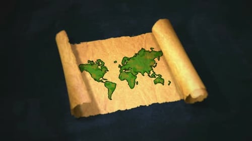 Old Parchment Scroll Unrolls to Reveal World Map Animation