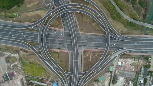 Top View To Cars Driving Multilevel Highway Sunset