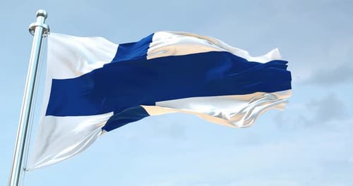 Waving Finland Flag Animation with Realistic Sky Background