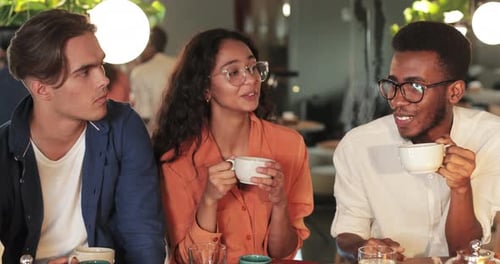 Nahaufnahme multiethnischer Freunde, die beim Mittagessen Tee trinken und reden. Glückliche junge Schüler