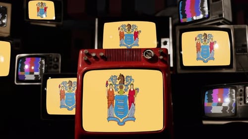 Retro Televisions Displaying Static and Flag