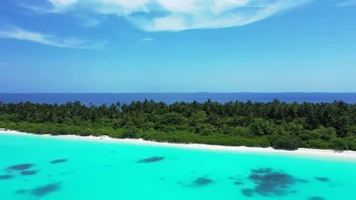 Aerial top down panorama of exotic coastline beach lifestyle by blue water and white sand background