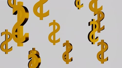 Goldene Dollar-Währungszeichen fallen auf weißem Hintergrund.