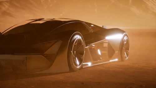 Supercar au coucher du soleil dans le désert