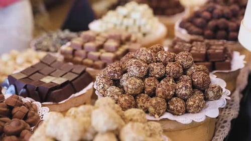 Chocolate Store. Shelves With Handmade Sweets Closeup