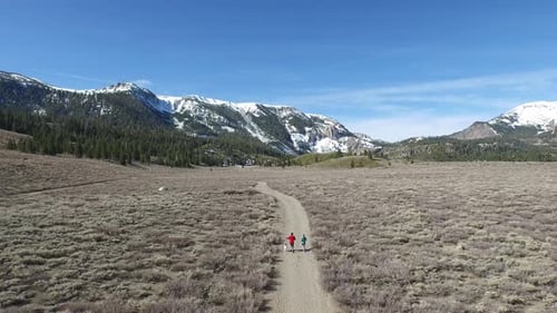 Aerial shot of a young man and woman trail running with dog on scenic mountain trail