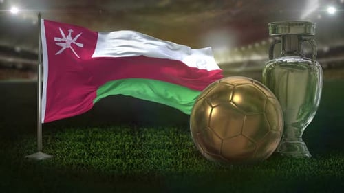 Oman Flag with Golden Soccer Ball and Silver Trophy on Stadium Field