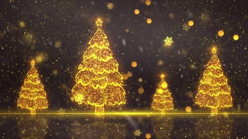 Sparkling Golden Christmas Trees and Falling Snowflakes