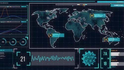Futuristic HUD World Map with Global Virus Data Analysis