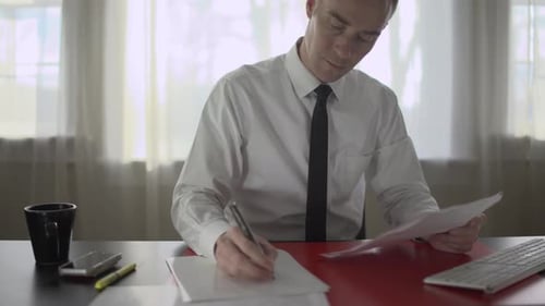 Professional Reviews Paperwork at Desk in Office