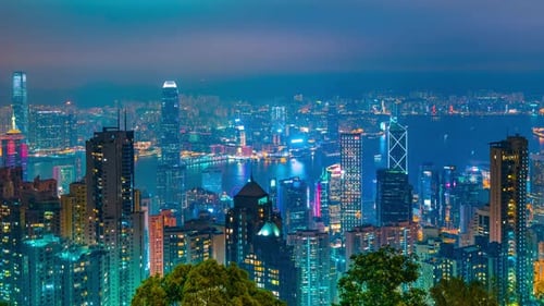 Zeitraffer, Nachtansicht, Wolkenkratzer und Stadtbild von Hongkong