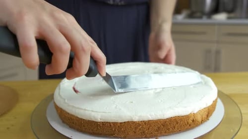 Close up of woman hands making sweet cake with white cream and biscuit.