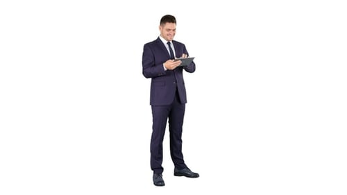 Businessman Reading or Working on a digital tablet on white