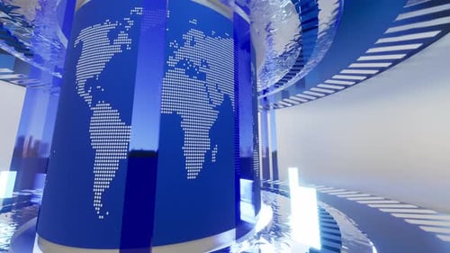 Futuristic News Broadcast Virtual Studio Background with Rotating Global Map