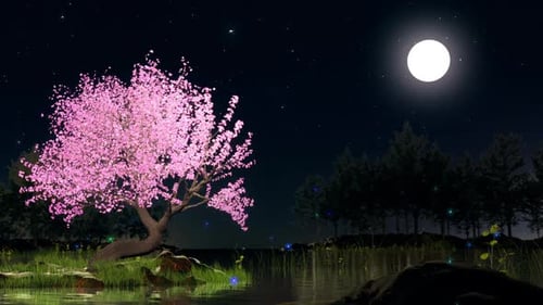 Moonlit Cherry Blossom Tree at Night with Glowing Particles