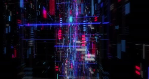 Nahtloses Durchfliegen abstrakter Schaltkreise mit digitalem Grid-Hintergrund