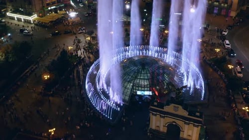 Aerial View of People Walking Around of Colorful Fountain on the Square