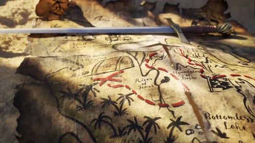 Animated Treasure Map Discovery on Tropical Island Beach
