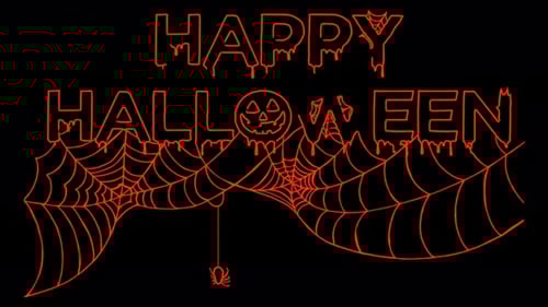 Happy Halloween Neon Red Text Animation with Spiders and Web