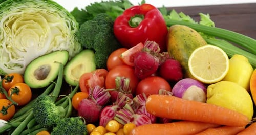 Fresh Fruits and Vegetables Displayed in an Indoor Setting