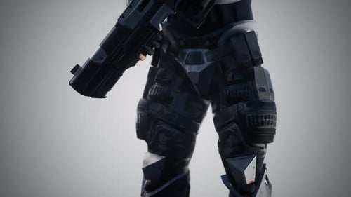 Soldat futuriste en armure d'acier avec le pistolet Cyber Punk