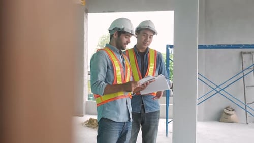 Engineers Reviewing Construction Blueprints on Building Site