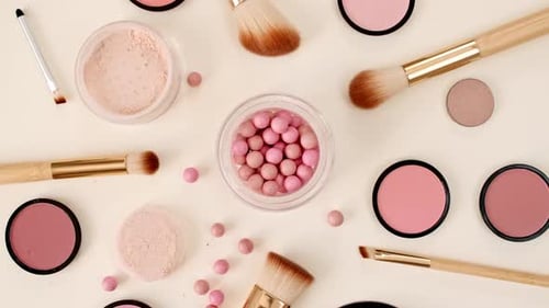 Pink Makeup Product Array, Overhead Beauty Shot