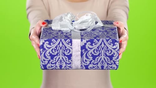 Box Packed in Festive Paper with a Bow. Gift. Studio